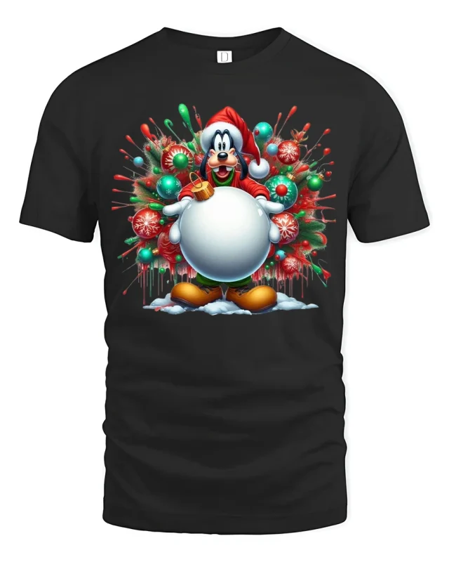 Funny Christmas Cartoon Dog Big Ornament Holiday Graphic Tee - black t-shirt on white background