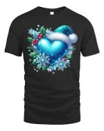 Blue Christmas Heart with Santa Hat Snowflake Holiday Tee - black t-shirt on white background