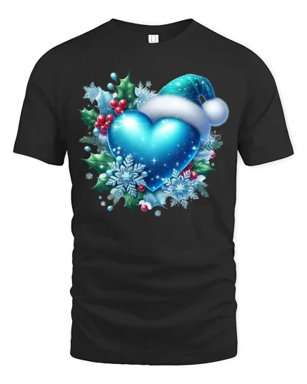 Blue Christmas Heart with Santa Hat Snowflake Holiday Tee - black t-shirt on white background