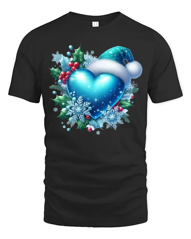 Blue Christmas Heart with Santa Hat Snowflake Holiday Tee - black t-shirt on white background
