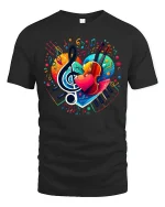 Colorful Music Heart Piano Violin Treble Note Art Graphic Tee - black t-shirt on white background