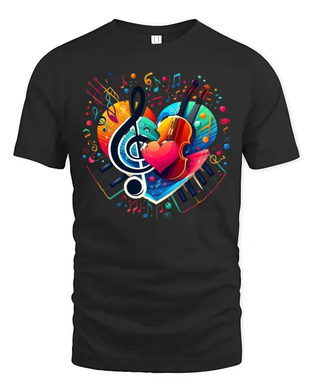 Colorful Music Heart Piano Violin Treble Note Art Graphic Tee - black t-shirt on white background