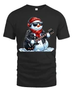 Rockin’ Snowman Guitar Player Cool Winter Christmas Graphic Tee - black t-shirt on white background