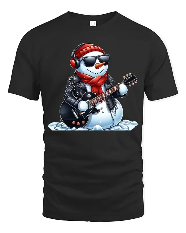 Rockin’ Snowman Guitar Player Cool Winter Christmas Graphic Tee - black t-shirt on white background