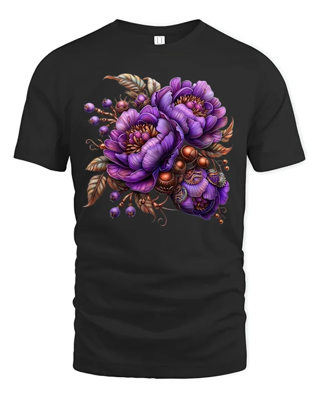 Elegant Purple Floral Bouquet Art Tee with Vintage Accents - black t-shirt on white background