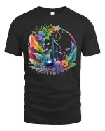 Floral Music Note Colorful Nature Art Tee for Music Lovers - black t-shirt on white background