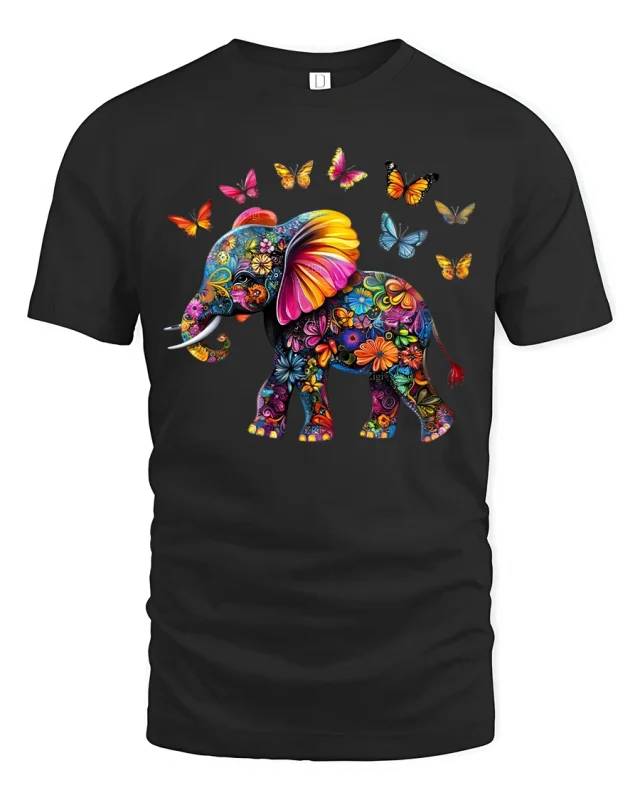 Colorful Floral Elephant with Butterflies Artistic Graphic Tee - black t-shirt on white background
