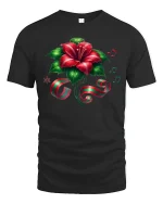 Christmas Hibiscus Flower Ribbon Music Notes Holiday Graphic Tee - black t-shirt on white background