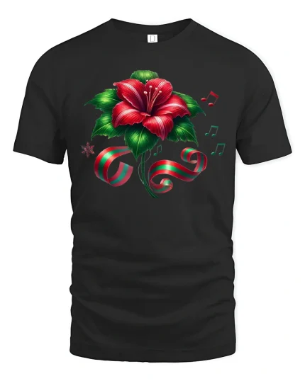 Christmas Hibiscus Flower Ribbon Music Notes Holiday Graphic Tee - black t-shirt on white background