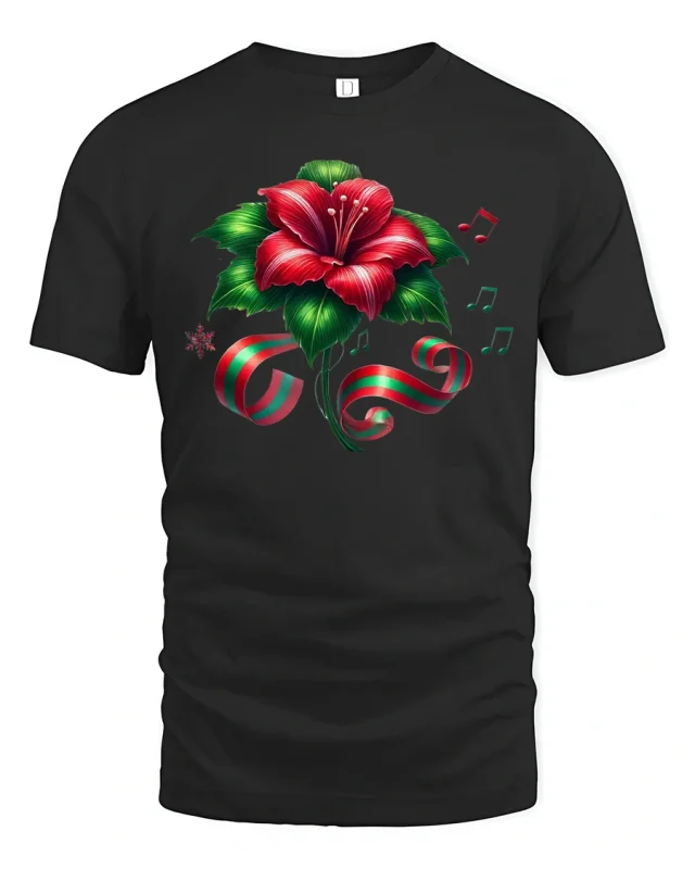 Christmas Hibiscus Flower Ribbon Music Notes Holiday Graphic Tee - black t-shirt on white background