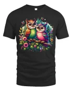 Colorful Owls in Floral Forest Fantasy Art Graphic Tee - black t-shirt on white background
