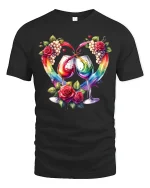 Romantic Wine Glasses Rainbow Splash Roses Art Graphic Tee - black t-shirt on white background