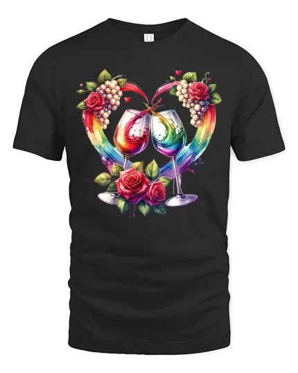 Romantic Wine Glasses Rainbow Splash Roses Art Graphic Tee - black t-shirt on white background