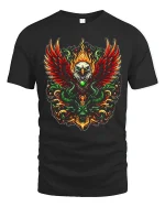 Fiery Eagle Phoenix Style Tribal Flame Art Graphic Tee - black t-shirt on white background