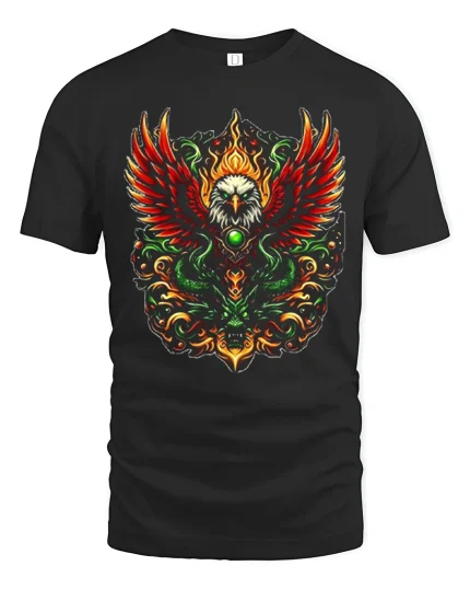 Fiery Eagle Phoenix Style Tribal Flame Art Graphic Tee - black t-shirt on white background