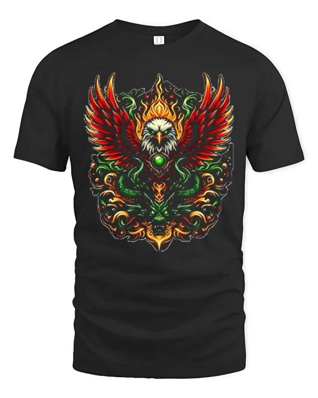 Fiery Eagle Phoenix Style Tribal Flame Art Graphic Tee - black t-shirt on white background