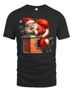 Funny Santa Stuck in Chimney Christmas Humor Graphic Tee - black t-shirt on white background
