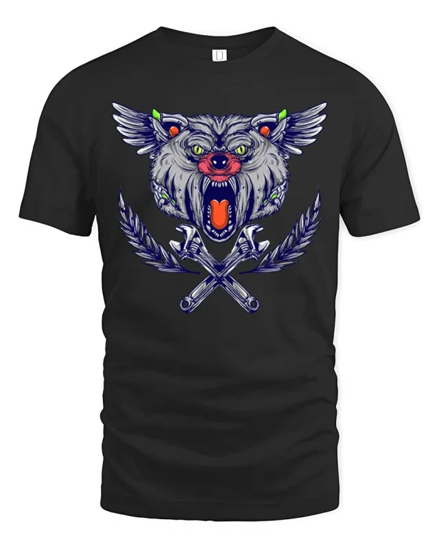 Fierce Winged Wolf Wrench Cross Tribal Mechanic Art Tee - black t-shirt on white background