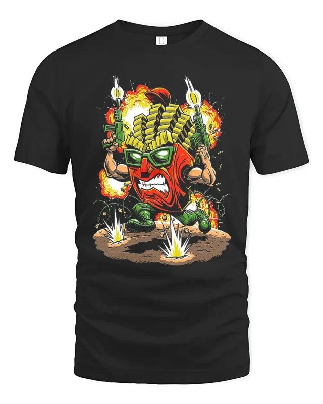 Funny Battle Fries Action Cartoon Explosive Graphic Tee - black t-shirt on white background