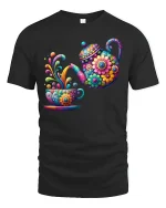 Colorful Floral Teapot Pouring Art Cute Tea Lover Graphic Tee - black t-shirt on white background