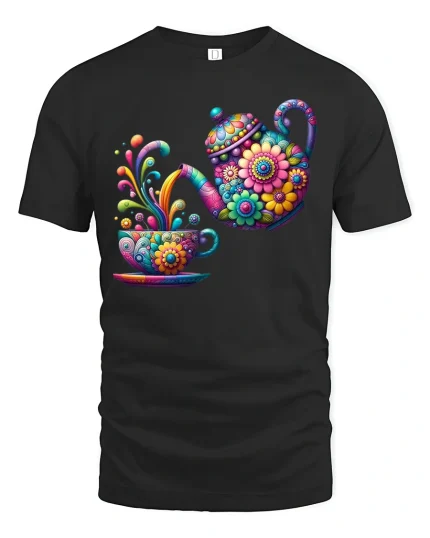 Colorful Floral Teapot Pouring Art Cute Tea Lover Graphic Tee - black t-shirt on white background