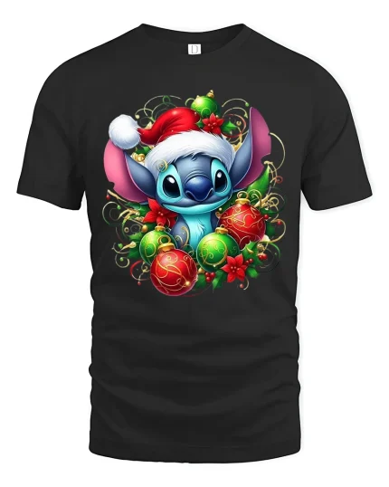 Cute Christmas Alien Santa Hat Holiday Ornament Graphic Tee - black t-shirt on white background