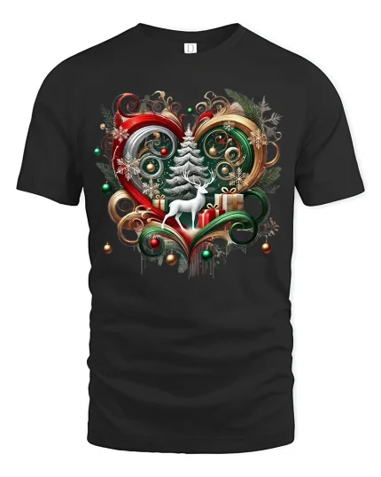 Elegant Christmas Heart Deer Tree Art Holiday Graphic Tee - black t-shirt on white background