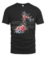 Floral Music Note Art Tee for Music Lovers Elegant Tshirt - black t-shirt on white background