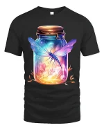 Glowing Dragonfly in Jar Fantasy Nature Art Graphic Tee - black t-shirt on white background