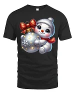 Cute Snowman Hugging Ornament Christmas Holiday Graphic Tee - black t-shirt on white background