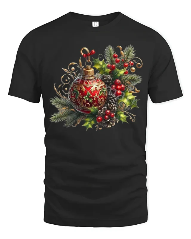 Elegant Christmas Ornament Holly Pinecone Festive Art Tee - black t-shirt on white background
