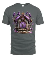 Whimsical Purple Birdhouse Fantasy Art Graphic Tee - gray t-shirt on white background