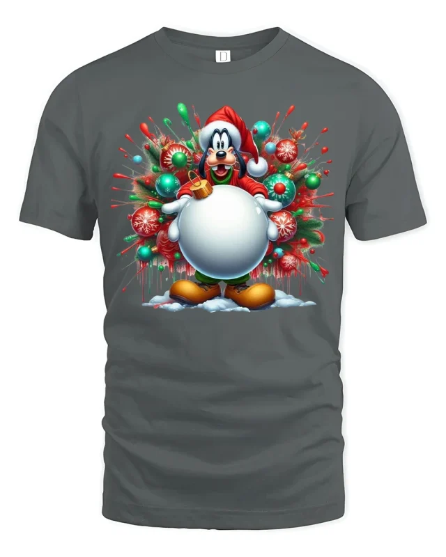 Funny Christmas Cartoon Dog Big Ornament Holiday Graphic Tee - gray t-shirt on white background