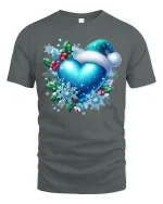 Blue Christmas Heart with Santa Hat Snowflake Holiday Tee - gray t-shirt on white background