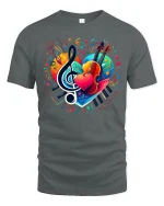 Colorful Music Heart Piano Violin Treble Note Art Graphic Tee - gray t-shirt on white background
