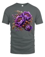 Elegant Purple Floral Bouquet Art Tee with Vintage Accents - gray t-shirt on white background