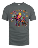 Colorful Floral Elephant with Butterflies Artistic Graphic Tee - gray t-shirt on white background