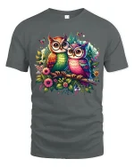 Colorful Owls in Floral Forest Fantasy Art Graphic Tee - gray t-shirt on white background
