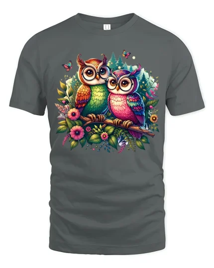 Colorful Owls in Floral Forest Fantasy Art Graphic Tee - gray t-shirt on white background