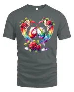 Romantic Wine Glasses Rainbow Splash Roses Art Graphic Tee - gray t-shirt on white background