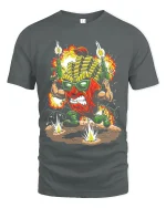 Funny Battle Fries Action Cartoon Explosive Graphic Tee - gray t-shirt on white background