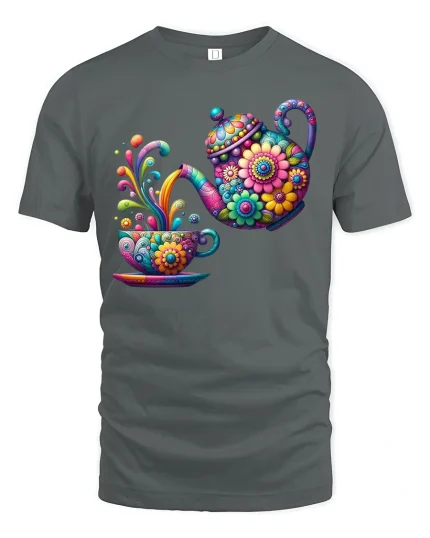 Colorful Floral Teapot Pouring Art Cute Tea Lover Graphic Tee - gray t-shirt on white background
