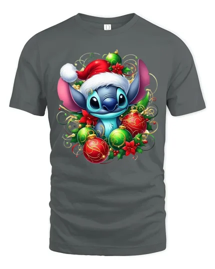 Cute Christmas Alien Santa Hat Holiday Ornament Graphic Tee - gray t-shirt on white background