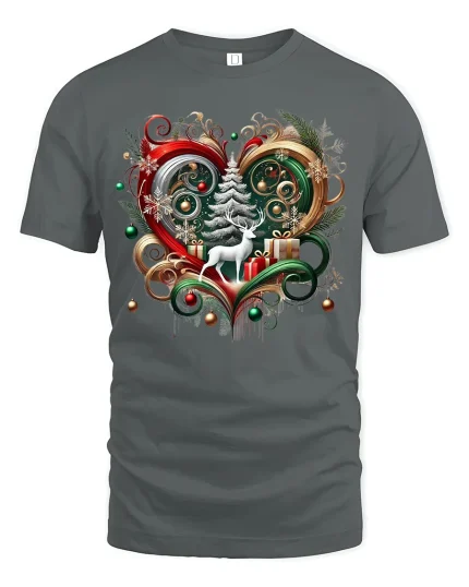 Elegant Christmas Heart Deer Tree Art Holiday Graphic Tee - gray t-shirt on white background