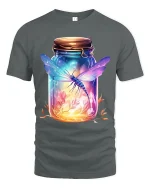 Glowing Dragonfly in Jar Fantasy Nature Art Graphic Tee - gray t-shirt on white background