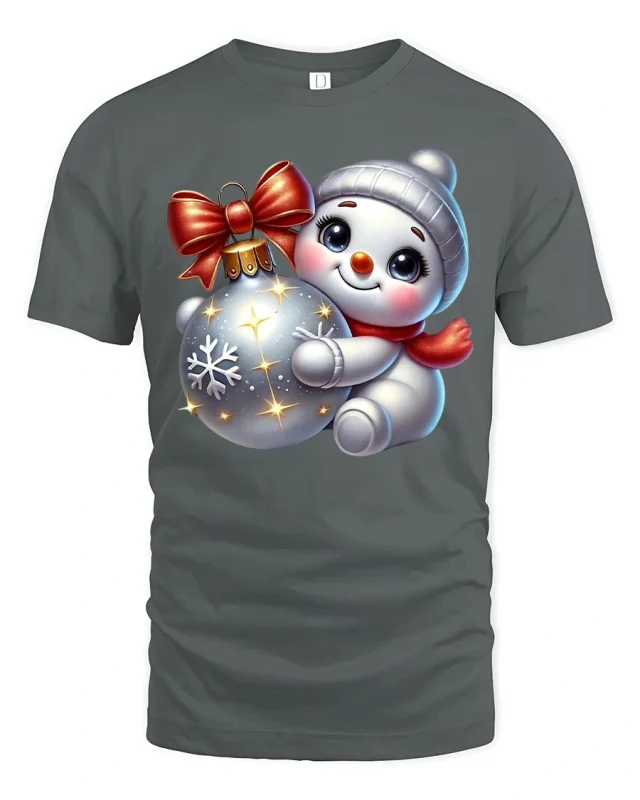 Cute Snowman Hugging Ornament Christmas Holiday Graphic Tee - gray t-shirt on white background