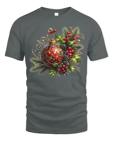 Elegant Christmas Ornament Holly Pinecone Festive Art Tee - gray t-shirt on white background