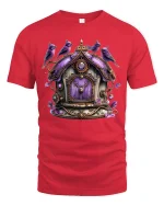 Whimsical Purple Birdhouse Fantasy Art Graphic Tee - red t-shirt on white background