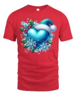 Blue Christmas Heart with Santa Hat Snowflake Holiday Tee - red t-shirt on white background