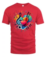 Colorful Music Heart Piano Violin Treble Note Art Graphic Tee - red t-shirt on white background